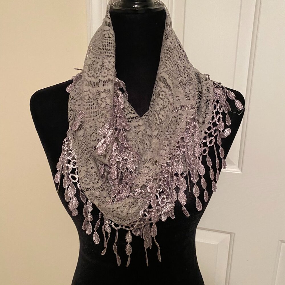 NWOT NFINITY SCARVES (2) Lace Fringed Brown and Silver